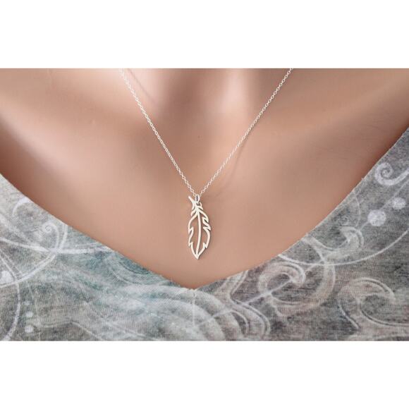 Sterling Silver Openwork Feather Charm Necklace, Feather Necklace - Picture 3 of 3